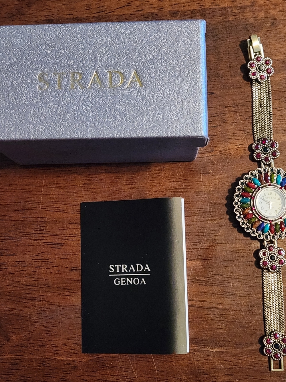 NEW Strada Bracelet Watch Rhinestone Quartz Golden Round With Box & Booklet